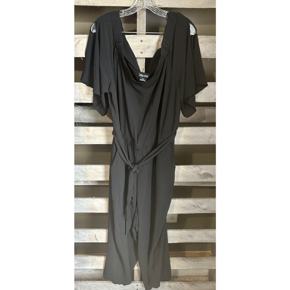 NWT City Chic Black Off Shoulder Crop Pants Jumpsuit Size 16W Wide Leg